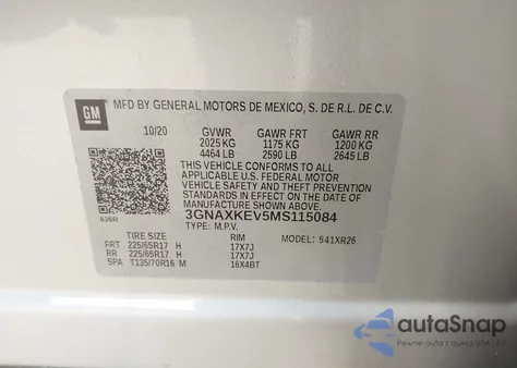 2021 Chevrolet Equinox Fwd Lt z USA, uszkodzony, nr VIN 3GNAXKEV5MS115084